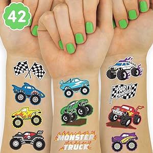 Race Car Tattoo, Monster Truck Birthday Party, Truck Party Favors, Truck Tattoo, Monster Truck Theme, Big Cars, Temporary Tattoo Paper, Truck Birthday Party, Monster Truck Party