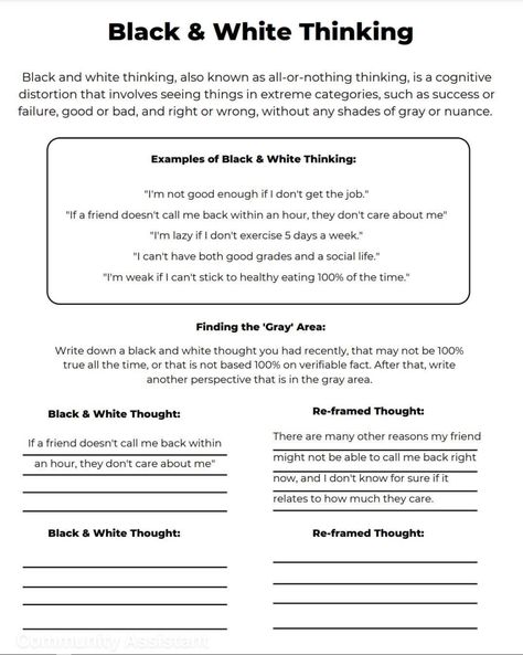 Black And White Thinking Worksheet, Black And White Thinking Therapy, Therapeutic Activities For Teenagers, Dbt Skills Worksheets For Teens, Lofty Questions, Identifying Stressors Worksheet, Acceptance And Commitment Therapy Worksheets, Dbt Activities, Thought Record Therapy Worksheets