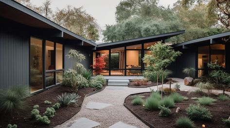 Med Century House, Mid Mod House Exterior, Mcm Yard Ideas, Mid Century Ranch Landscaping, Mid Century Modern Addition, Mid Century Modern House Outside, Mid Century Modern Cottage Exterior, Mid Century House Exterior Colors, Black Mid Century House Exterior