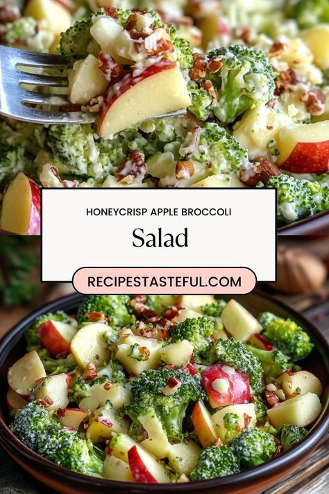 A refreshing and crunchy salad featuring broccoli, Honeycrisp apples, dried cranberries, and nuts, all tossed in a creamy honey dressing. Perfect for potlucks or as a side dish! Broccoli Honey Crisp Salad, Balsamic Broccoli Salad, Honey Crisp Apple Broccoli, Broccoli Salad Healthy Clean Eating, Broccoli Apple Salad Recipe Healthy, Honeycrisp Broccoli Salad, Honeycrisp Apple And Broccoli Salad, Holiday Honeycrisp Apple Salad, Broccoli Honey Crisp Apple Salad