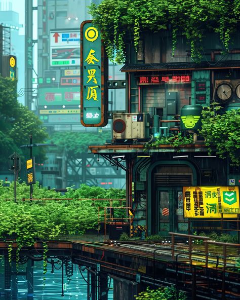 silent streets, neon dreams #digitalart #urbanjungle #cyberpunkart #cityscape #animelovers #techart #aiartcommunity #futuristic #cyberpunkaesthetic #cyberpunk #nightscape Cyberpunk Ramen Shop, Overgrown Cyberpunk City, Cyberpunk Garden, Cyberpunk Train, City Outskirts, Cyberpunk House, Cyberpunk Illustration, Cyberpunk Building, Phone Lock Screen