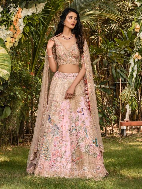 Pink raw silk lehenga with peacocks by Asopalav Asopalav Lehenga, Peacock Motifs, Raw Silk Lehenga, Mehendi Outfits, Organza Lehenga, Lehenga Online, Choli Designs, Lehenga Skirt, Lehenga Choli Online