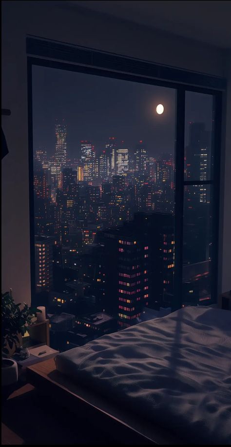 Apartment View Wallpaper, Penthouse Bedroom, Window Sketch, Mood 2024, City Bedroom, Penthouse View, Bedroom View, Lighting Reference, City View Apartment