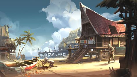 Fishing Village Concept Art, Fishing Village Art, Village Concept Art, Fantasy Village, Pirate Island, Village Art, Lake Village, Beach Village, Island Town