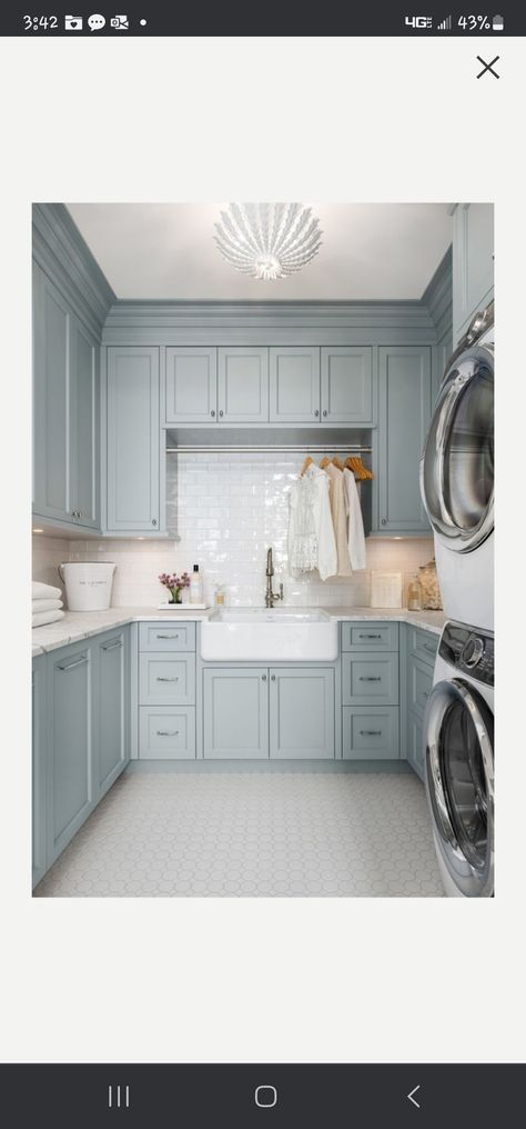 Powder Blue Laundry Room, Blue Gray Laundry Room, Dusty Blue Laundry Room, Light Blue Laundry Room, Fun Laundry Room, Blue Laundry Room, Grey Laundry Rooms, Blue Laundry Rooms, Dark Tile