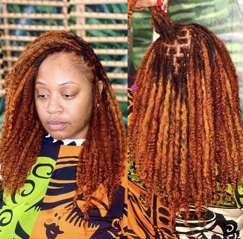 Ginger Ombre Locs Black Women, Fall Color Dreads Black Women, Ginger Locs With Blonde Highlights, Red And Brown Locs, Fall Color Locs, Ginger And Red Locs, Copper Dreadlocks, Ginger And Blonde Locs, Auburn Locs Black Women