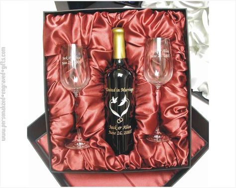 A deep engraved wine bottle and set of personalized wine glasses are combined in this deluxe satin lined gift box creating an unforgettable Wedding or Anniversary Gift. Present this to your best friend on her 1st Wedding Anniversary or to the Parents of the Bride and Groom for all their help with the wedding. Wine Glass Gift Box Ideas, Liquor Baskets, Couples Wine Glasses, Engraved Wine Bottles, Regalos Ideas, Parents Of The Bride, Romantic Wine, Engraved Wine Glasses, Cricut Business