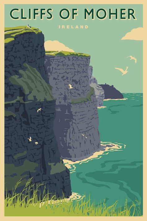 Made with care and pride in Kinsale, County Cork, Ireland by The Canvas Works. From our range of vintage style travel posters of Ireland, this beautifully colorful print features the famous Cliffs of Moher in County Clare. We offer four sizes - 15X20CM, 20X30CM, 30X45CM, 40X60CM.  These sizes are the PRINT SIZE.  The prints are made with a border around them so the glass sizes are 20.3x25.4cm, 30x40cm, 40x55cm and 50x70cm respectively.  We will typically ship the two smallest sizes flat and including a mount.  The 30x45cm and 40x60cm size will ship rolled in a tube.  The glass sizes in INCHES are: 8x10, 12x16, 16x18, 20x28 (glass size = print size plus border/mount).  Each print will be carefully packaged and will be delivered by a trackable mailing service to ensure it arrives safely. All Ireland Artwork, Ireland Wallpaper, Places Poster, Ireland Cliffs, Ireland Poster, Cliffs Of Moher Ireland, Ireland Aesthetic, Killarney Ireland, Ireland Art