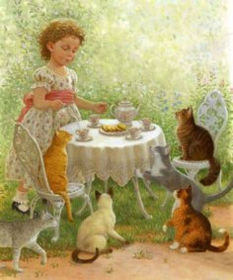 Cat Tea Party, Tee Kunst, Party Vibe, Lots Of Cats, Eating Food, Tea Art, Crazy Cat Lady, Crazy Cats, Vintage Children