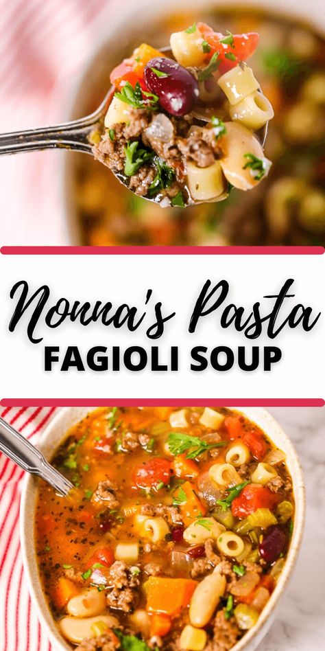 Nonna's Pasta Fagioli soup, an Italian peasant dish made with pasta and beans, is warm and satisfying. This easy copycat Olive Garden Pasta Fagioli recipe made in 30 minutes. Plus, it's a great freezer meal. #30minuterecipe #itisakeeper #soup #beef #copycat Italian Peasant Soup, Pasta Fasul Soup, Fido Soup Recipes, Stratchatelli Soup, Pasta Fagioli With Ground Beef, Pasta De Figoli Soup, Pasta Fragility, Pasta Fagioli Recipe Traditional, Figoli Soup