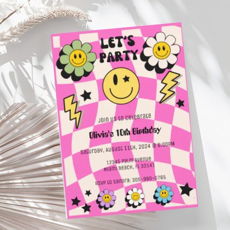 Preppy Hot Pink Y2K Happy Face Retro Birthday Preppy Birthday Invites, Preppy Birthday Party Invitations, Preppy Birthday Invitations, Preppy Sage Green, Y2k Invitation, Threenager Party, Preppy Birthday Party, Bold Website, Y2k Birthday