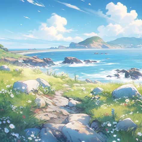 Beach Anime Background, Anime Beach Background, Anime Ocean, Anime Beach, Anime Landscape, Japanese Countryside, Anime Summer, Fantasy Town, Sky Anime