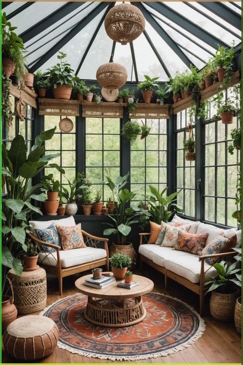 Solarium Furniture Ideas, Living Room Greenhouse, Garden Conservatory Ideas, Conservatory Design Ideas, Sunroom Greenhouse Ideas, Reading Room Sunroom, Sunroom Bohemian, Boho Conservatory, Green House Room