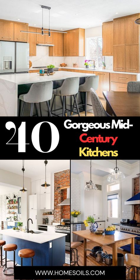 Transform your space with 40 gorgeous mid-century kitchens featuring sleek lines, warm woods, and retro charm. Get inspired—visit our site for stunning kitchen ideas! Mid Century Oak Kitchen, Mid Century Kitchen Painted Cabinets, Small Kitchen Remodel Mid Century Modern, Mid Century Kitchen White Cabinets, Modern Retro Interior Design Kitchen, Mid Century Kitchen Backsplash Tile, Post Modern Kitchen Design, Mid Century Rustic Kitchen, Mid Century Modern Kitchen With Island