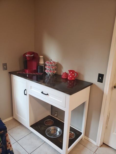 Coffee Bar Pet Station, Laundry Room Dog Food Station, Coffee Bar With Dog Bowls, Coffee Bar With Dog Food Storage, Coffee Bar Dog Feeding Station, Cat Feeding Station Laundry Room, Dog Eating Area In Kitchen, Dog Station In Kitchen, Pet Station Ideas