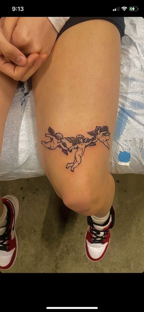 Renisance Style Tattoo, Heaven Sent Hell Bent Tattoo, Girl Knee Tattoo, Knee Tats For Women, Knee Tatoos Woman, Over The Knee Tattoos Women, Let Tattoos For Women, Knee Tattoo Women, Around The Knee Tattoos Women