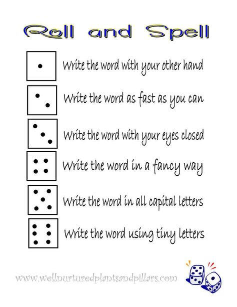 Roll and Spell spelling game-i like this but will change the tasks for each number for older grades Spelling Review Games, Spelling Games 3rd Grade, Spelling Word Games, Spelling Word Activities, Spelling Dictionary, Spelling Ideas, Spelling Word Practice, Word Work Games, 3rd Grade Spelling