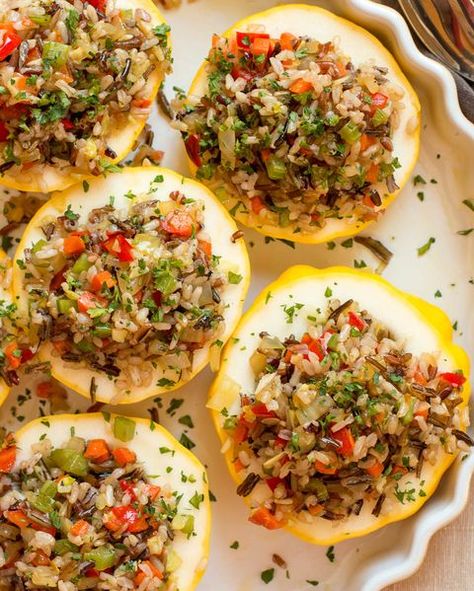 Wild Rice and Veggie Stuffed Patty Pan Squash Stuffed Patty Pan Squash, Pan Squash Recipe, Patty Pan Squash Recipe, Summer Squash Soup, Pan Squash, Pattypan Squash, Summer Squash Casserole, Farm Dinner, Butternut Recipes