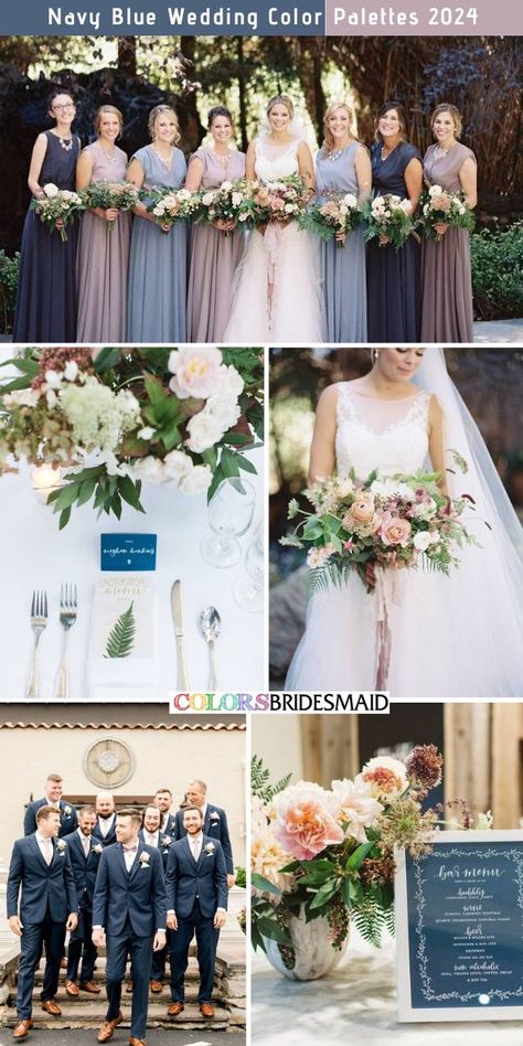 Navy blue and dusty mauve wedding color palettes inspirations for 2024: mismatched navy blue and dusty mauve bridesmaid dresses, dusty mauve wedding bouquets, navy blue suits and dusty mauve corsages for guys, navy blue table cards, dusty mauve centerpieces.#weddingcolors #weddingideas #blueweddings #colsbm #2024 #bridesmaiddresses #navybluewedding #mauvewedding #navyblueandustymauve Mauve Centerpieces, Dusty Mauve Wedding, Mauve Bridesmaid Dresses, Lavender Wedding Colors, September Wedding Colors, Mauve Wedding Colors, Orchid Bridesmaid Dresses, Mauve Bridesmaid, Mauve Bridesmaid Dress