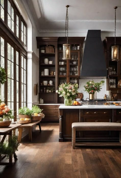 Enclosed Kitchen Design, Classic Timeless Bedroom Decor, Colonial Chic Kitchen, Kitchen Dining Combo Layout, Floor To Ceiling Kitchen Windows, Tutor Kitchen, Restained Cabinets, Modern Victorian Kitchen Ideas, Ralph Lauren Kitchen Inspiration