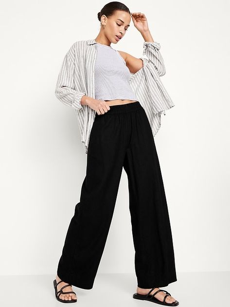 Black Linen Pants Outfit Summer Casual, Black Linen Pants Outfit Summer, Linen Pants Outfit Summer Casual, Black Linen Pants Outfit, Black Linen Wide Leg Pants, Linen Pants Outfit Summer, Oc Fashion, Outfit For Church, Black Linen Trousers