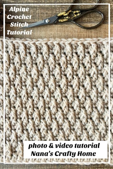 Want to learn a beautifully textured and easy stitch?  The Alpine Stitch is worked with a simple stitch repeat using a front post double crochet.  Complete photo and video tutorial provided.  Add this beautiful stitch to your crochet knowledge and make gorgeous blankets, scarves, hats and so much more!  #nanascraftyhome #crochet #crochettutorial #crochetstitch Front Post Crochet Stitch, Crochet Front Post Double Crochet, Crochet Alpine Stitch Video Tutorial, Crochet Alpine Stitch In The Round, Front Post Double Crochet Blanket, Front Post Double Crochet Tutorial, Alpine Blanket, Alpine Stitch Crochet, Crochet Alpine Stitch