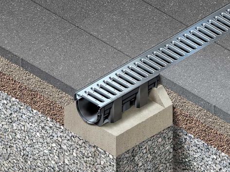 Domestic drainage channel for private driveways, courtyards, patios and gardens. Surface Water Drainage, Surface Drainage, Garden Slabs, Water Drainage System, Yard Drainage, Trench Drain, Drainage Channel, Drainage Solutions, Drainage System