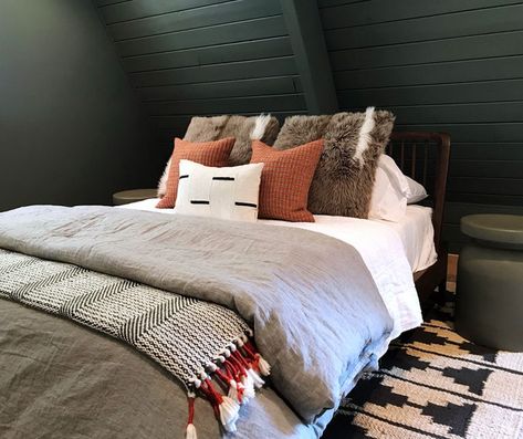 Our Moody A-frame Bedroom with Cozy Layers - Chris Loves Julia Mountain Bedroom Decor Master Suite, Ski Cabin Bedroom, A Frame Bedroom Ideas, Acorn Decor, Victorian Tapestry, Moody Rooms, Frame Bedroom, Mountain Bedroom, Boy's Rooms