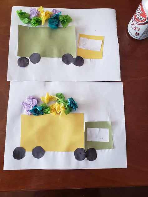 Pre K Recycle Activities, Recycled Truck Craft, Shape Garbage Truck Craft, Recycling Activity For Preschoolers, Garbage Truck Crafts For Preschool, Toddler Recycling Crafts, Occupations Kindergarten Activities, Garbage Crafts For Preschool, Garbage Truck Theme Preschool