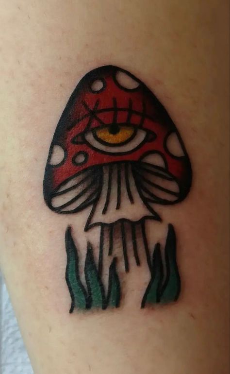 Trad mushroom by Dom @obscura613 #aesthetic #tiktok #tattoo #mushrooms #mushroomtattoo #mushroomdesign #mushroom #traditionaltattoo #traditionalart #tradart #ottawa Mushroom Tattoo Ideas For Men, Magic Mushroom Tattoo Design, Old School Mushroom Tattoo, Traditional Mushroom Tattoo, Shroom Tattoo, Mushrooms Tattoo, Tiktok Tattoo, Botanical Tattoos, Mushroom Tattoo