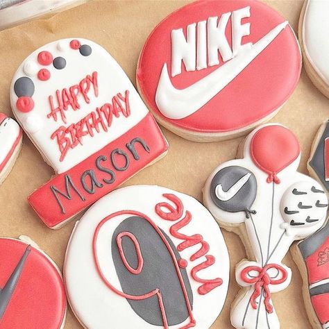 Erica on Instagram: "Nike shoes are at the top of my list of favorite cookies to make! I’m not sure why, I don’t like making cookies with tons of perfect details, but these were just such fun!" Nike Cookies Decorated, Nike Cookies, Football Sugar Cookies, Shoe Cookies, Cookies To Make, Dessert Inspiration, Making Cookies, Homemade Birthday, 12th Birthday