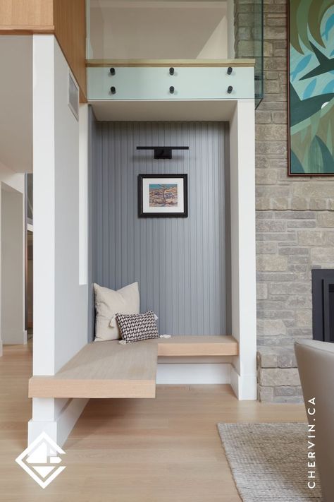 A White oak wood corner bench nook and seating area with a grey fluted panel accent wall in a modern living room Wall Mount Seating, Floating Corner Bench Seat, Niche Seating Design, Corner Bench Entryway, Grey Fluted Panel, Wall Bench Seating, Floating Bench Seat, Panel Accent Wall, Beadboard Accent Wall