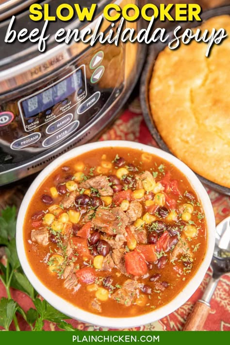 Beef Enchilada Soup Recipe – so easy to make in the slow cooker and tastes amazing! Stew meat, enchilada sauce, cheese soup, black beans, sweet corn, beef broth, oregano, and cheddar cheese. Throw everything in the slow cooker and dinner is done! Serve with some cornbread for an easy weeknight dinner. Enchilada Soup Slow Cooker, Beef Enchilada Soup, Enchilada Soup Recipe, Soup Slow Cooker, Microwave Meals, Beef Enchilada, Corn Beef, Homemade Enchilada Sauce, Homemade Enchiladas