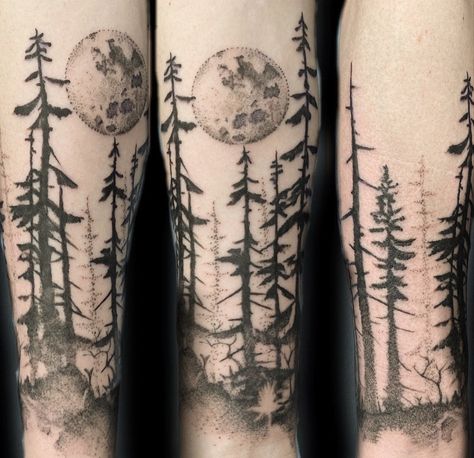 Tree Scape Tattoos, Rick Tattoo, Tree Line Tattoo, Scenery Tattoo, Tree Fillers, Interesting Tattoos, Tree Tattoos, Spooky Trees, Sweet Tattoos