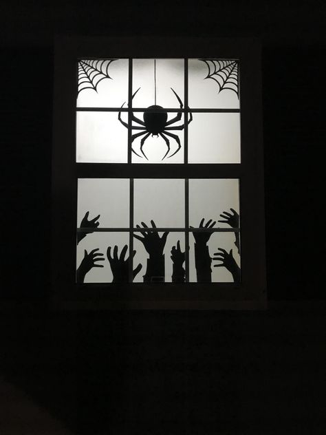 Spooky Halloween Windows, Halloween Decorations On Windows, Shadow Halloween Decorations, Halloween Sillouette Art Window, Halloween Windows Diy, Spooky Silhouettes Halloween Window, Halloween Shadow Window, Scary Window Silhouettes, Haunted House Windows