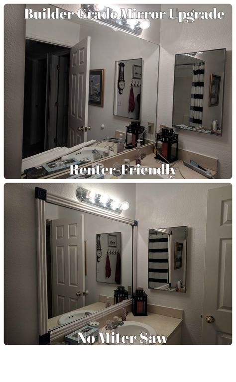 A renter-friendly, no miter saw, builder grade bathroom mirror upgrade. Diy Mirror Frame Bathroom Apartment, Bathroom Mirror Upgrade Diy, Renter Friendly Mirror Hanging, Rental Friendly Mirror Frame, Frame Bathroom Mirror Rental, Diy Bathroom Mirror Frame Renter Friendly, Renter Bathroom Upgrade, Rental Mirror Makeover, Renter Friendly Bathroom Mirror Upgrade