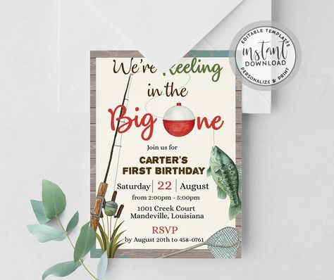 Big One Birthday Party, Fishing First Birthday, First Birthday Theme Boy, Fishing Themed Birthday Party, Sports Birthday Invitations, Fishing Birthday Party, Boys First Birthday Party Ideas, Boys 1st Birthday Party Ideas, 1st Birthday Themes