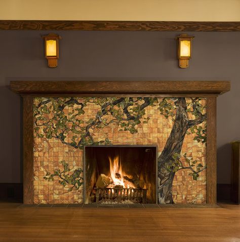 Tree Tiles, Mosaic Fireplace, Craftsman Fireplace, Arts And Crafts Interiors, Fireplace Fronts, Craftsman Interior, Fireplace Facade, Craftsman Bungalow, Craftsman Style Home