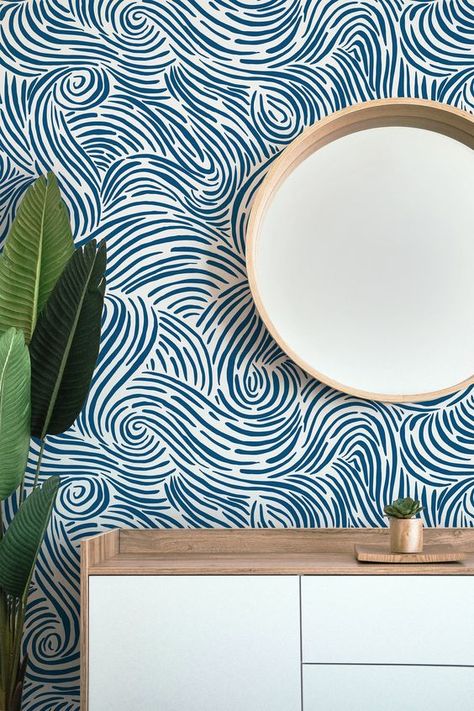 Blue Waves Wallpaper, Peel And Stick Wall Mural, Boho Wallpaper, Waves Wallpaper, Mural Wall, Abstract Waves, Wallpaper Peel And Stick, Bathroom Wallpaper, Wallpaper Wall