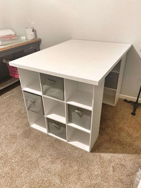 DIY Craft Table — Ashley Diann Designs Craft Room Table Diy, Hobby Table Ideas, Cube Storage Work Table, Ikea Counter Height Craft Table, Craft Desk Diy Small Spaces, Craft Room With Windows, Work Bench Craft Table, Craft Office Ideas Small Spaces, Cube Organizer Desk Diy