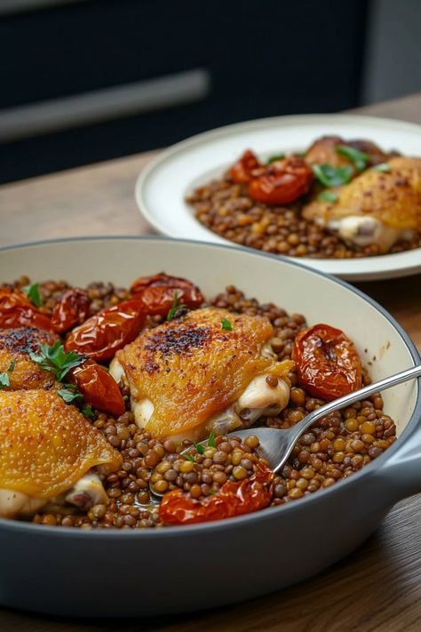 Try this delicious and nutritious recipe featuring flavorful chicken and lentils. This hearty dish is perfect for a satisfying meal that's packed with protein and fiber. The combination of tender chicken with earthy lentils creates a comforting and wholesome dinner option that your whole family will love. Whether you're looking for a quick weeknight dinner or a tasty meal prep idea, this chicken and lentil recipe is sure to become a favorite in your rotation. Give it a try today! Moroccan Chicken And Lentils, Lentils With Chicken, Lentils And Chicken Recipes, Lentil Chicken Recipes, Chicken Lentil Recipes, Chicken And Lentil Recipes, Chicken And Lentils, Tasty Meal Prep, Lentil Recipe