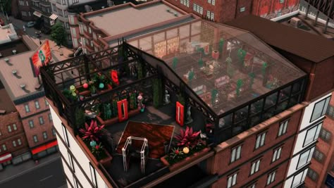 Sims 4 Rooftop Bar, Sims 4 Rooftop Lounge, Rooftop Hangout, Drinks At The Bar, Sims Builds, Sims 4 House Building, Rooftop Lounge, Casas The Sims 4, Sims Building