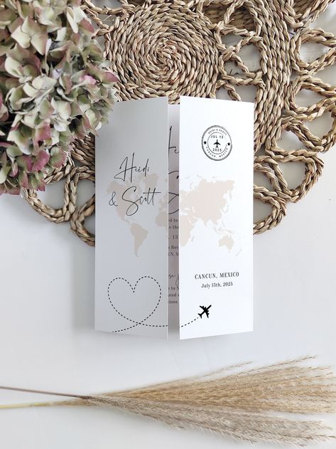 "Create your own gatefold wedding destination folded invitations with these Canva templates.  ❤ »» CANVA »» ❤ Very Easy Templates!  Invitations for A9 or A7 envelopes (USA & Canada) and C5 or 5.25x7.25\" envelopes (UK, Europe, Australia/NZ). Destination Wedding Invitations, CO-ORDINATING ITEMS: https://etsy.me/3Z8fofY ♥ PRINTING ♥  To help you save more money, I've teamed up with some reputable printing websites who print in different sizes and formats: connieandjoan.com/pages/printing ★ Save an Gatefold Invitation, Folded Wedding Invitation, Passport Invitations, Passport Wedding Invitations, Cyprus Wedding, Deco Champetre, Travel Theme Wedding, Wedding Abroad, Destination Wedding Invitations