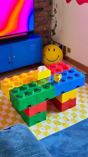 mr harry white on Instagram: "who said coffee tables can’t be fun?🤠✨ made a lego coffee table in my favourite colours! 💙  #asmr #asmrsounds #legocoffeetable #lego #legodiy #colourfulhome #maximalism" Diy Lego Coffee Table, Lego Table Diy Homemade, Adult Gaming Room, Lego Coffee Table, Coffee Table Colors, Legos Aesthetic, Crazy Interior Design, Fun Coffee Table, Lego Studio