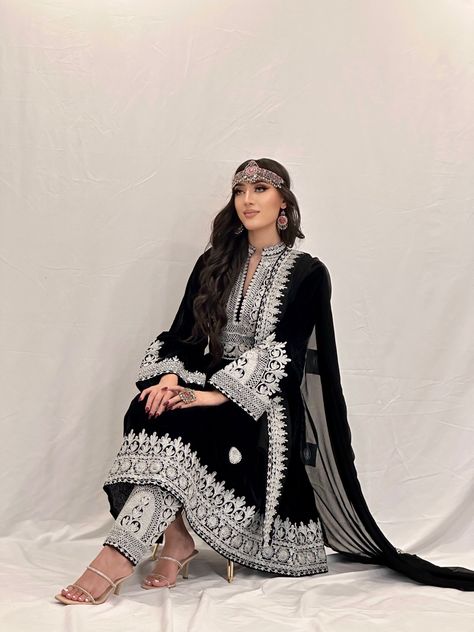 Afghan | afghan dress | 🇦🇫 | black dress | black afghan dress | outfit inspo | outfit of the day | afghan headpiece set Black Afghan Dress, Afghan Headpiece, Afghani Suit, Black Afghan, Cultural Clothes, Cultural Wear, Afghani Clothes, Afghan Dress, Punjabi Outfits