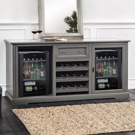 Siena Credenza Gray with 2 Wine Refrigerators (Evolution Series Beverage Center) Rv Barndominium, Wine Refrigerator Cabinet, Bar Cabinet With Fridge, Wine Fridge Cabinet, Wine Credenza, Wine And Coffee Bar, Spanish Prayers, Beverage Bar, Home Bar Rooms