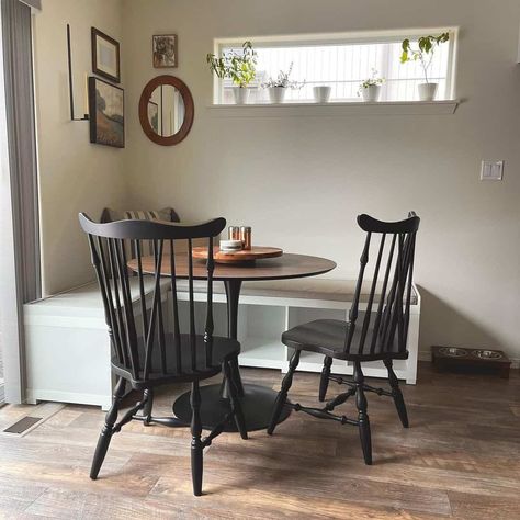 White Farmhouse Dining Nook With Padded Bench - Soul & Lane White Farmhouse Dining Room, Farmhouse Dining Nook, Corner Banquette, Round Wooden Dining Table, Padded Bench, Shiplap Fireplace, Wooden Dining Table, Wooden Floors, White Farmhouse