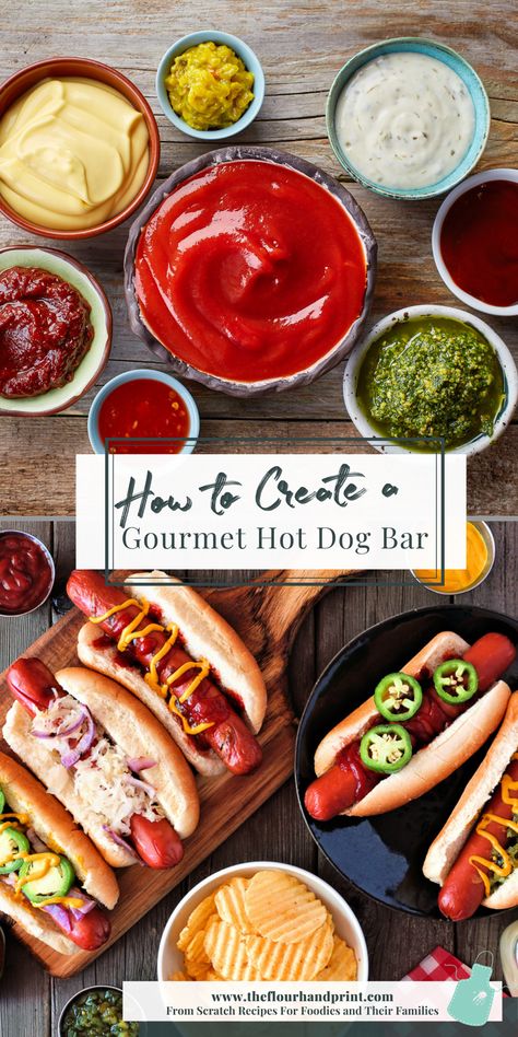 Are you tired of the standard ketchup and mustard on plain hot dogs? Learn how to create the ultimate gourmet hot dog bar with this huge guide! It includes ideas on creating delicious gourmet hot dog combos and tons of other suggestions for including variety through different styles of hot dogs, buns, toppings, and condiments. It’s a kid-friendly summer bbq buffet, great for birthday parties, and adults can have fun creating their favorite delicious combos too! American Hotdogs Ideas, Hot Dog Bar Toppings List, Gourmet Hot Dog Bar Party Ideas, Hot Dog Combinations, Hotdog Bar Ideas Party, Summer Party Food Platters, Hot Dog Roast Party, Chicago Style Hot Dog Bar, Loaded Hot Dogs Toppings