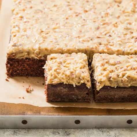 German Chocolate Sheet Cake, Chocolate Sheet Cake Recipe, German Chocolate Cake Recipe, Caramel Chocolate Bar, Illustrated Recipe, Cookie Toppings, Chocolate Sheet Cake, Sheet Cake Recipes, German Chocolate Cake