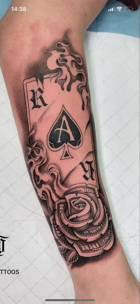 Skull And Cards Tattoo Design, Card On Fire Tattoo, Four Arm Tattoo For Men, Dice Hand Tattoo, Three Dice Tattoo, Aces Tattoo Design, Forarm Tattoos Mens Creative, Cards Tattoo For Men, Poker Chip Tattoo